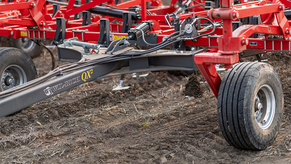 Close-up on the gauge wheel of a Wil-Rich QX2 field cultivator