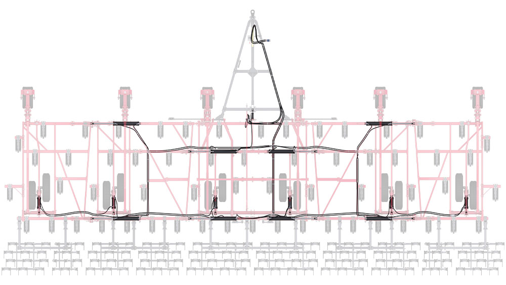 Illustration of the Wil-Rich 2500 Chisel Plow from above, highlightling the hydraulics