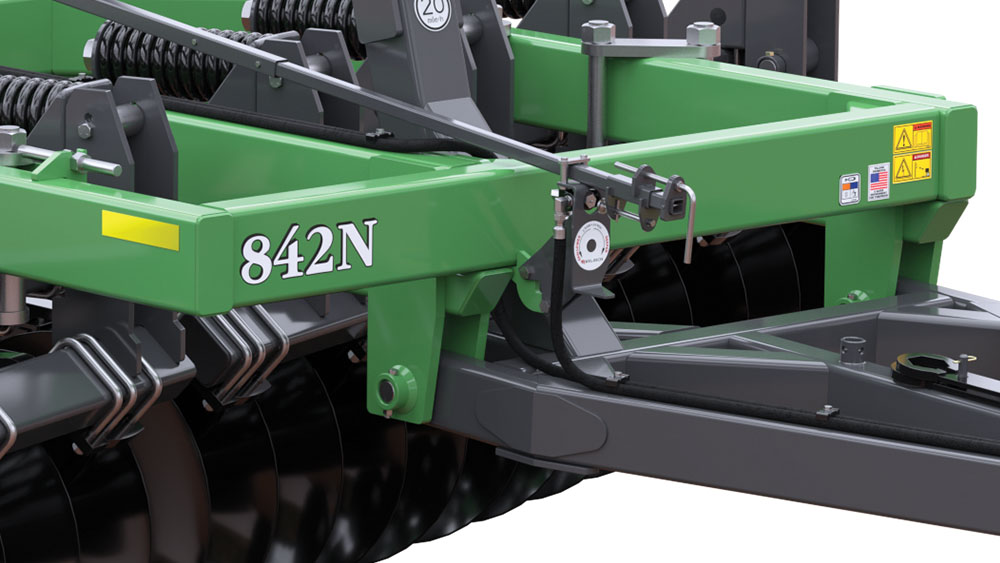 Close-up of Wishek 842N Offset Disc cultivator single point depth control